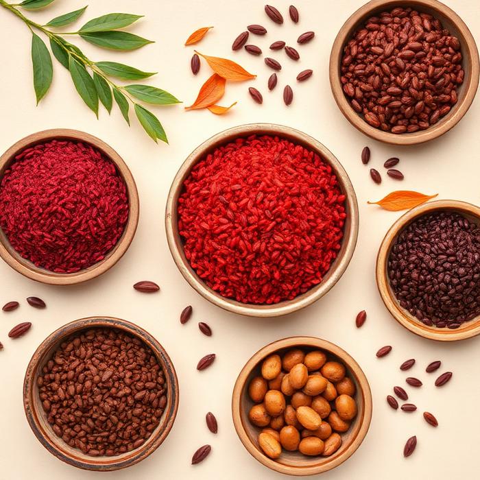 Bowls of Himalayan red rice, millets and rajma beans
