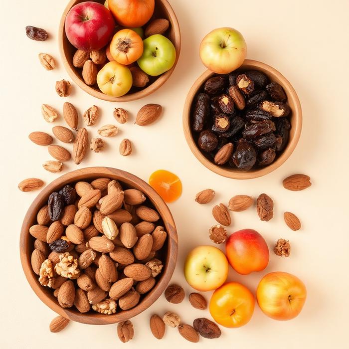 Bowls of almonds, walnuts, raisins, apricots and apples
