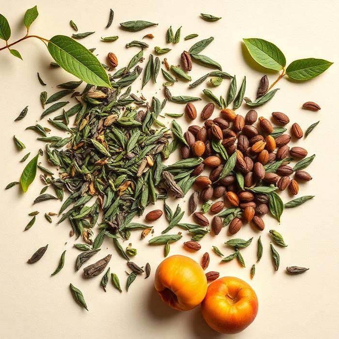 Himalayan tea leaves, beans and apricots arranged on cream paper