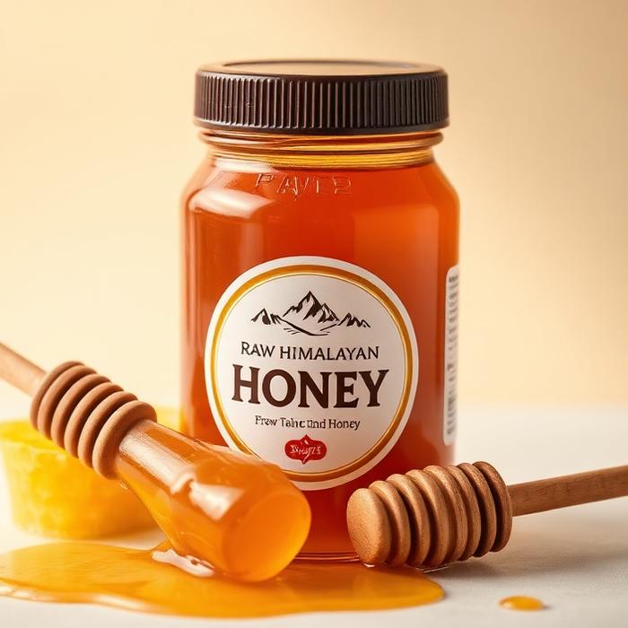 Jar of raw Himalayan honey with a wooden dipper and honeycomb