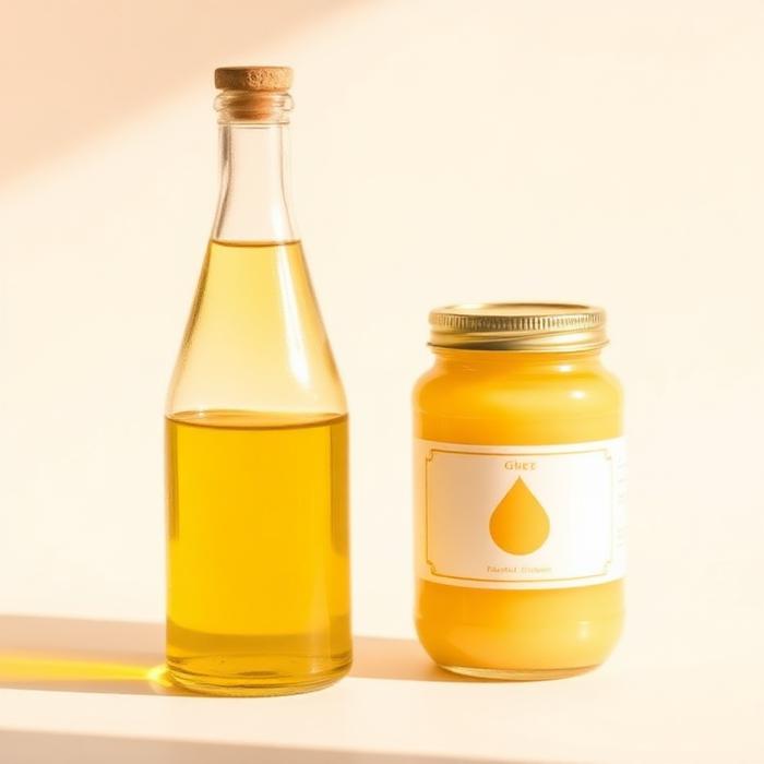 Bottle of cold-pressed oil beside a jar of pure ghee