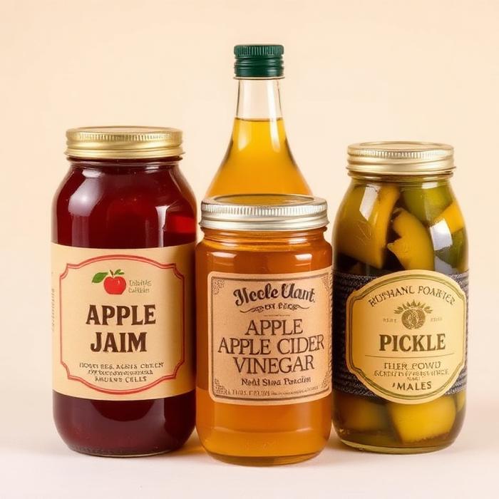 Jars of apple jam, apple cider vinegar and pickle