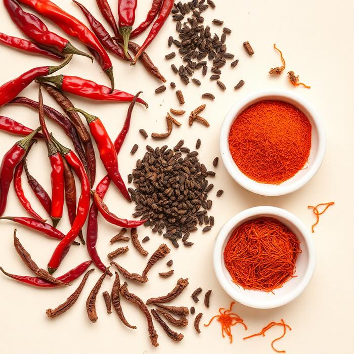Dried red chillies, black cumin, dried ginger and saffron threads