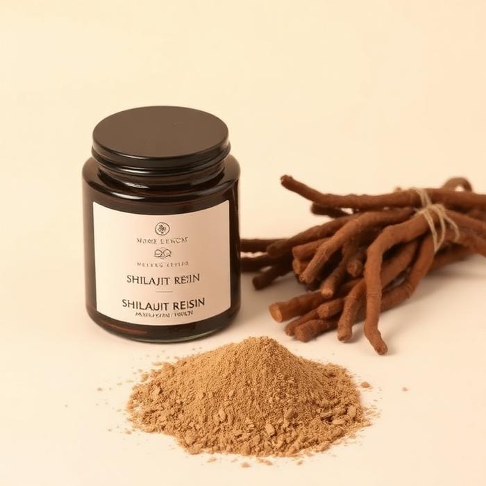 Jar of shilajit resin with ashwagandha roots and powder