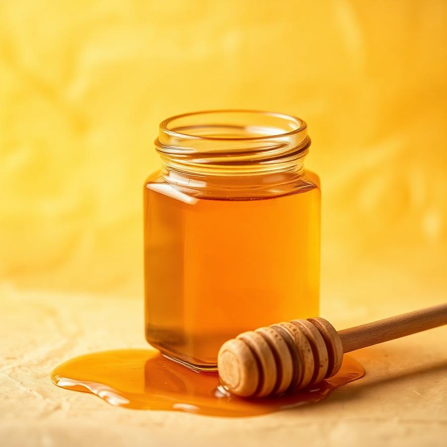 Pure Himalayan honey in a glass jar with a wooden dipper
