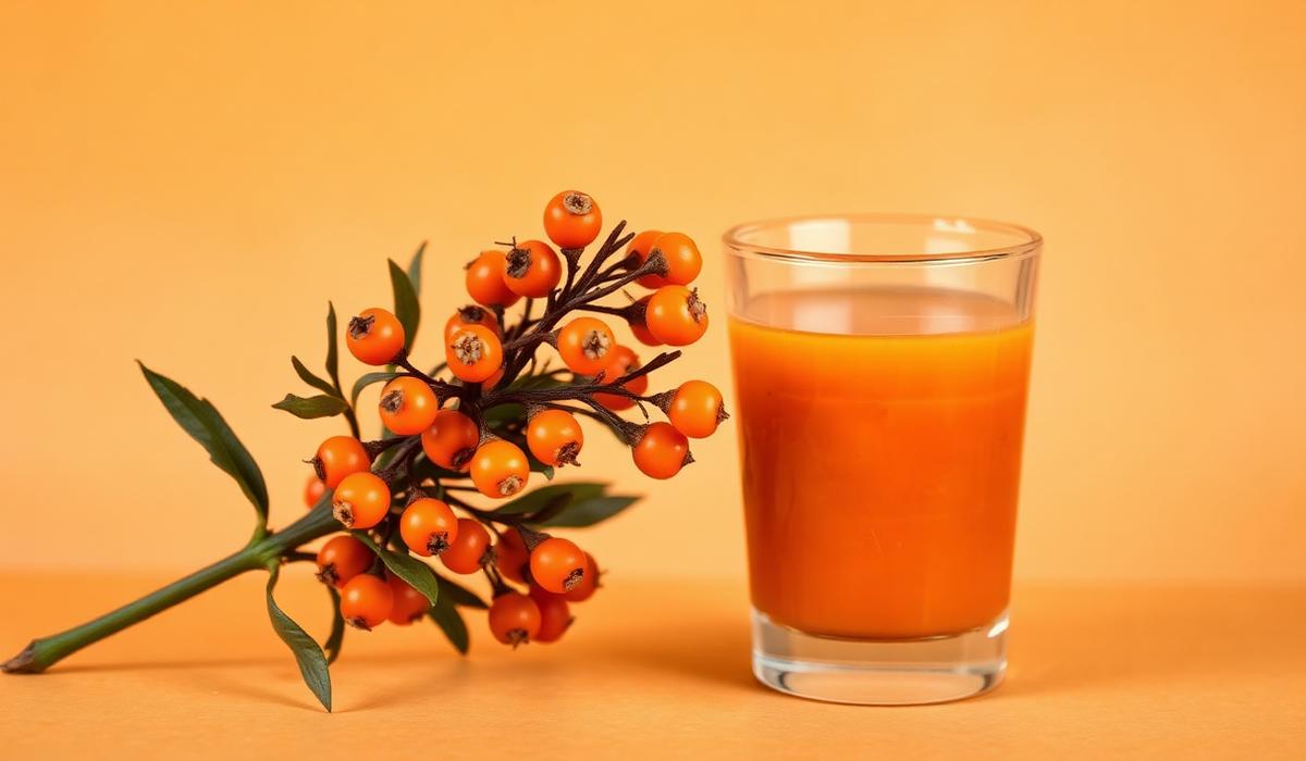 Himalayan seabuckthorn berries on a sprig beside a glass of seabuckthorn juice