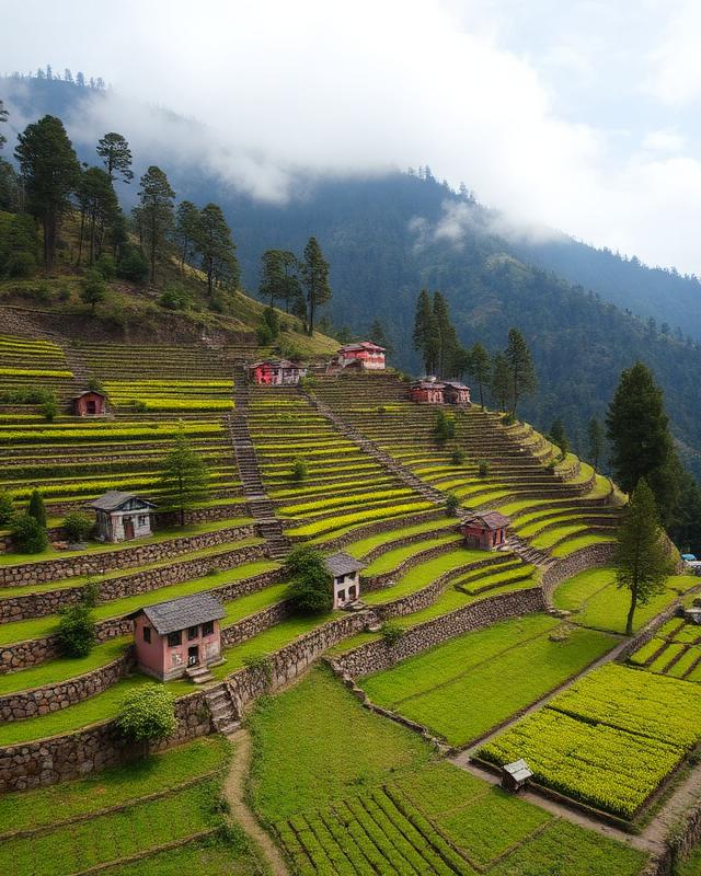 Terraced mountain farmland and traditional Himachali houses in the Chamba valley