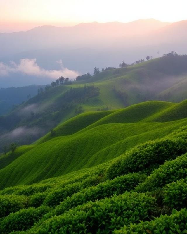 Terraced tea gardens on misty Himalayan hillsides in the Kangra Valley