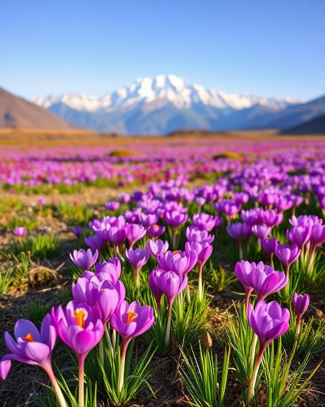 Purple saffron crocus fields in bloom below Himalayan mountains