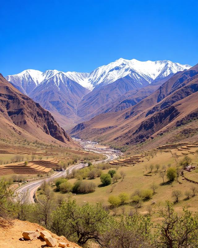High Himalayan valley in Kinnaur with terraced fields and snow-capped peaks