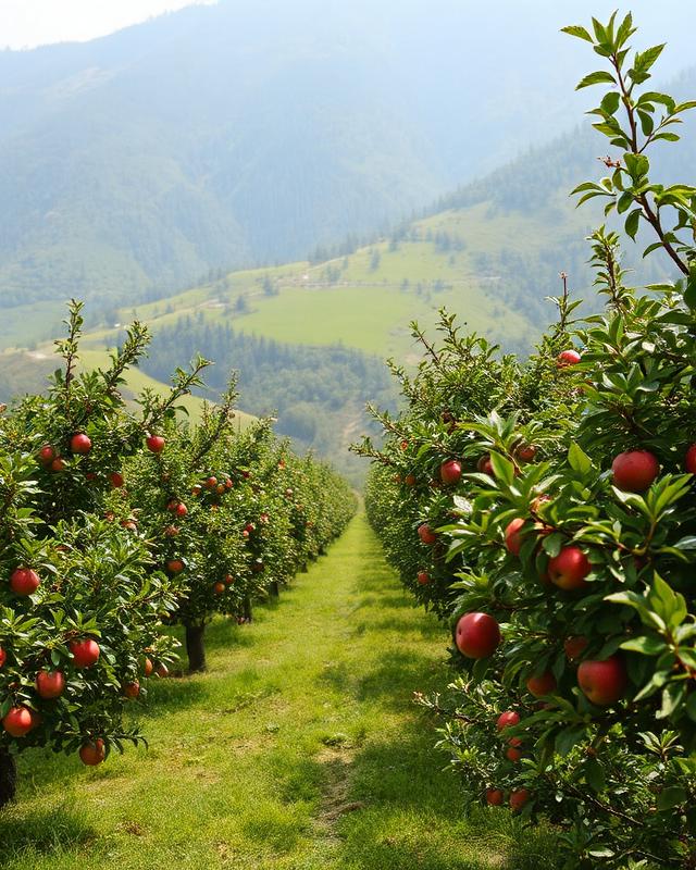 Apple orchard rows on green mountain slopes in the Shimla region
