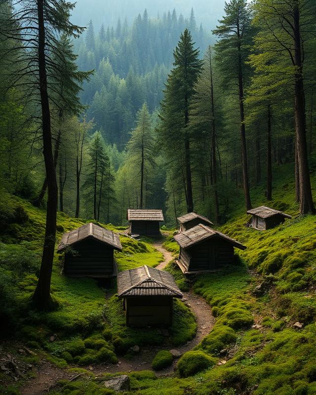 Forested green valley with mushroom cultivation huts in Solan